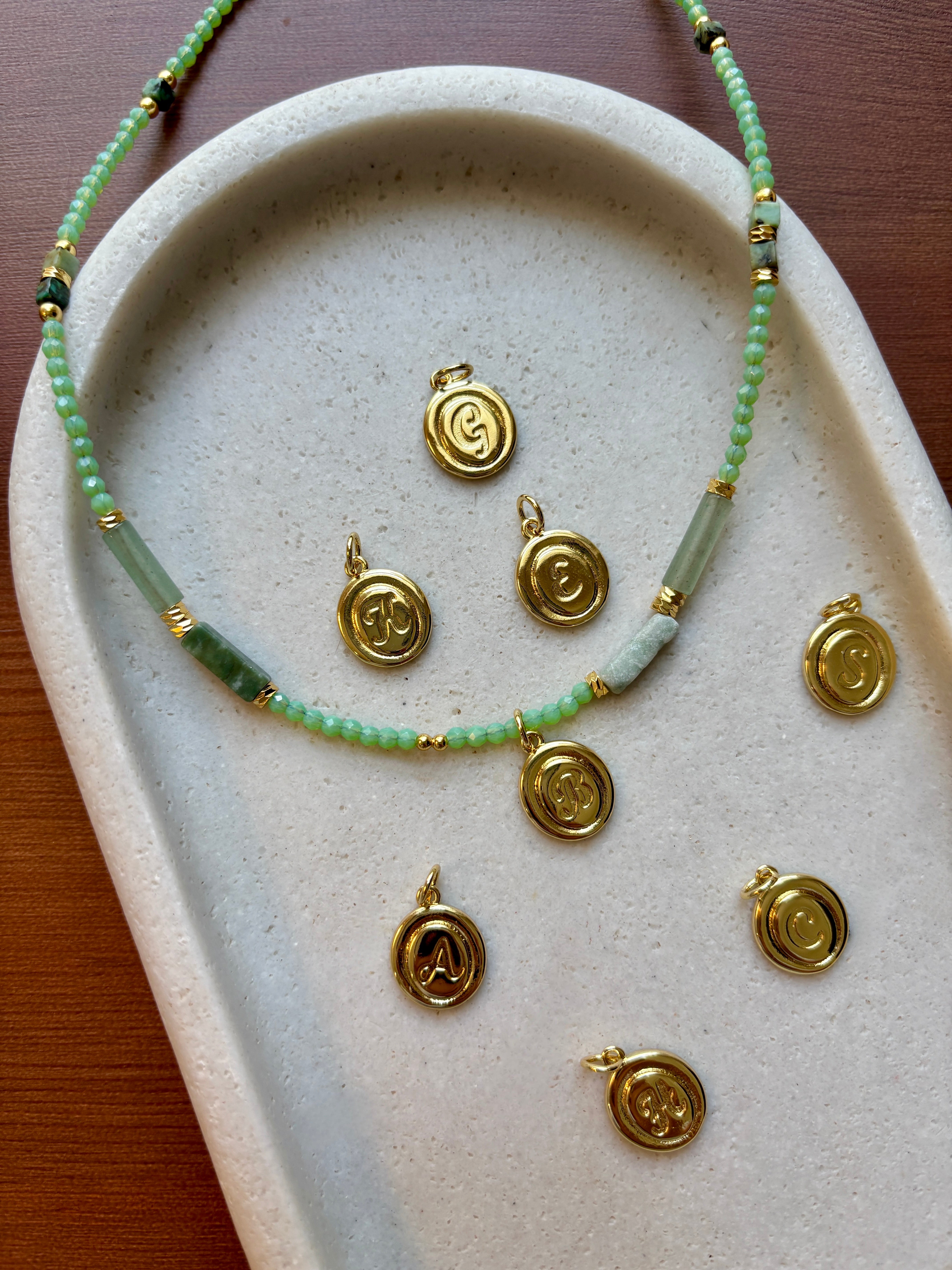 GREEN INITIAL BEADED NECKLACE