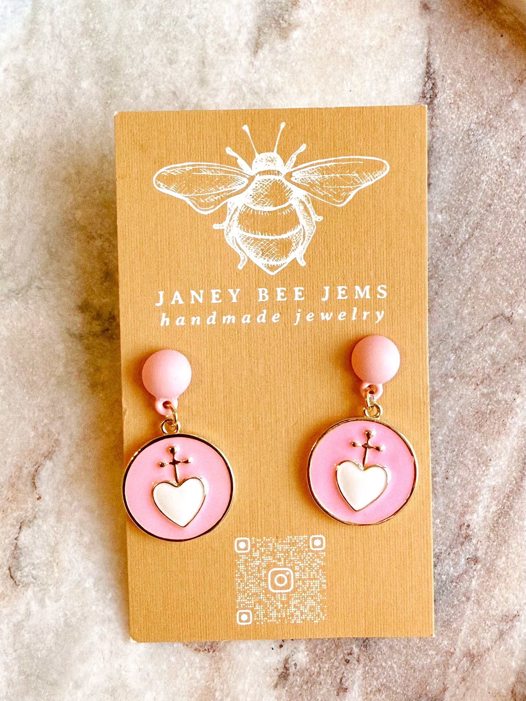 PINK ENAMEL HEART CROSS EARRINGS